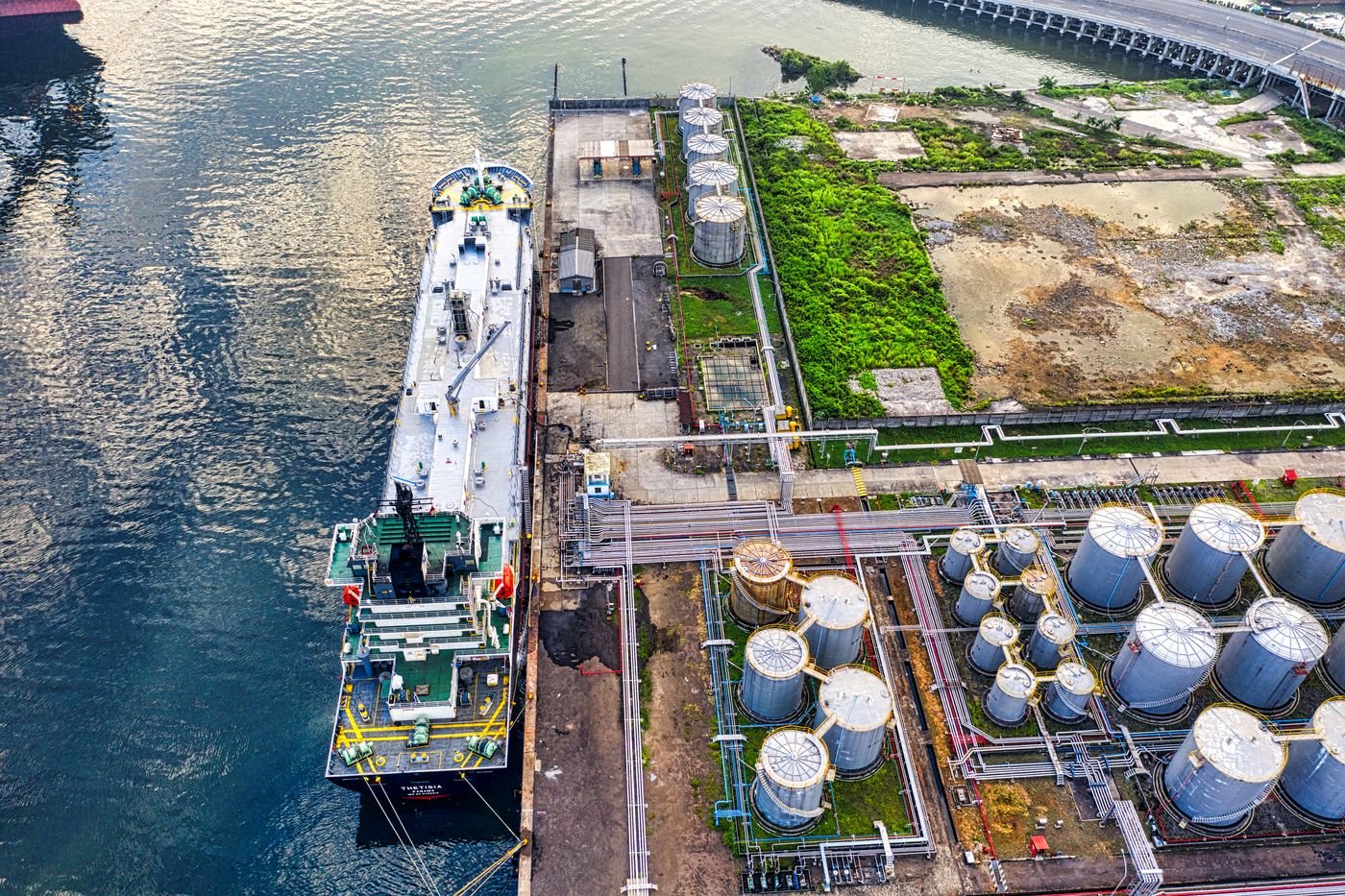 Aerial view of the tank terminal, deep-water jetty and connecting waterways at the Port of Rotterdam